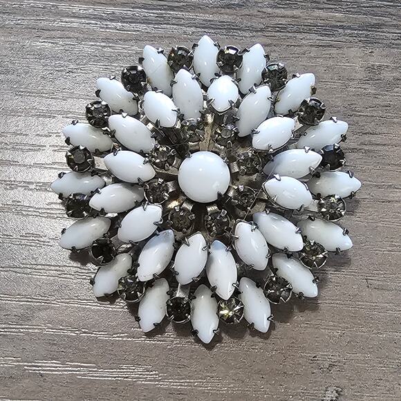 Vintage Prong Set Milk Glass & Smoky Rhinestones Domed Flower Brooch - Picture 1 of 4